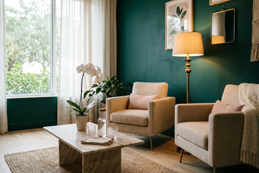 A quiet, private consultation lounge with warm lighting and soft seating