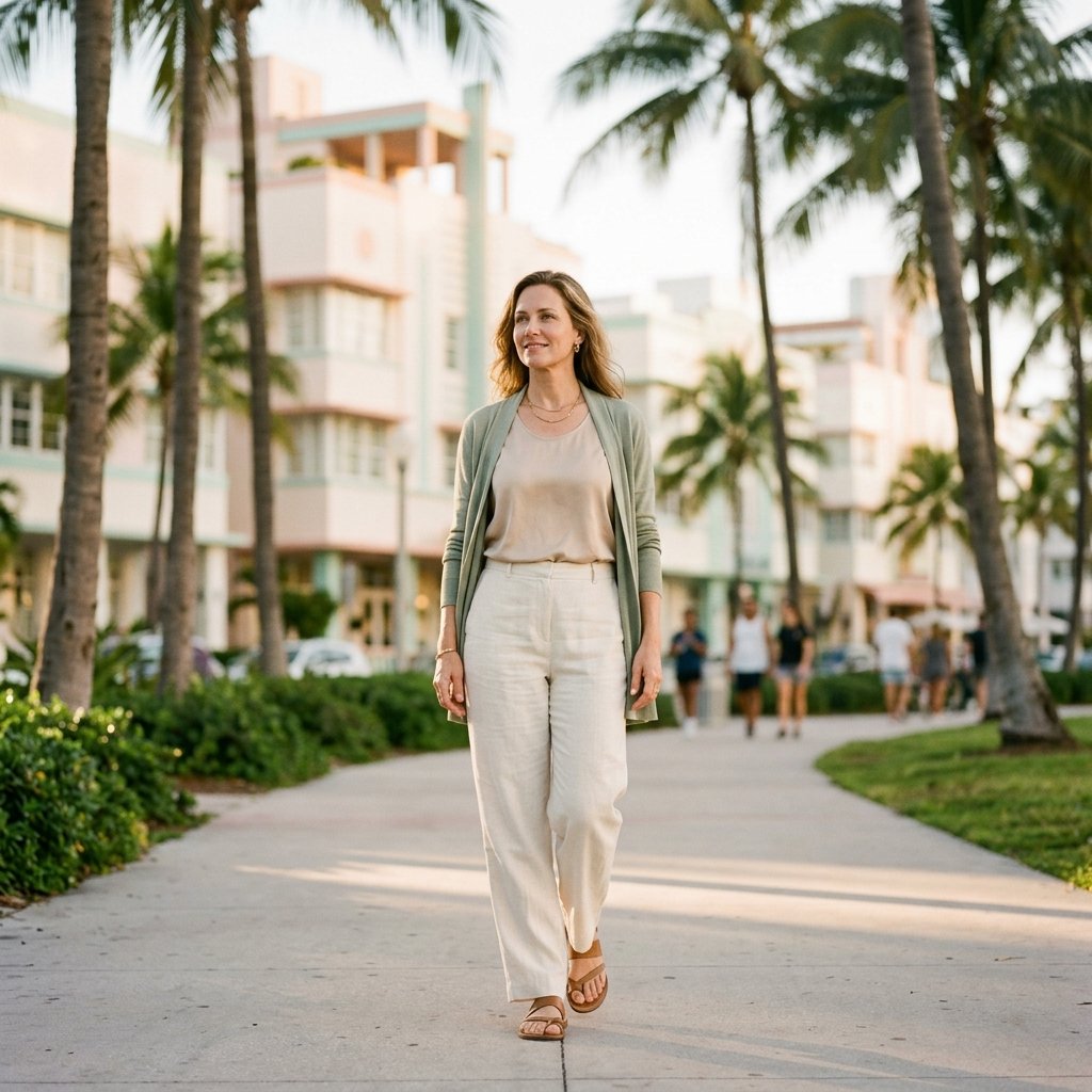A composed woman in elegant resort wear walking a palm-lined Miami promenade in soft morning light