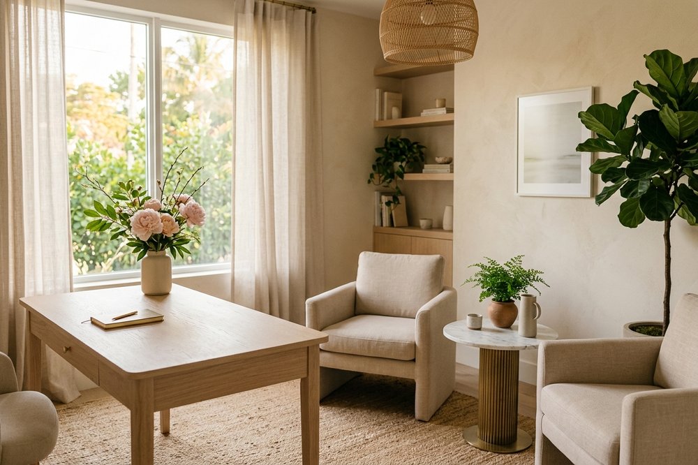 Warm, modern Miami consultation room with soft natural light, linen chairs and greenery