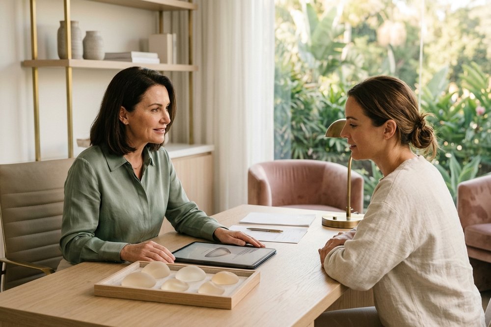 A board-certified surgeon discussing breast implant options with a patient across a wooden desk