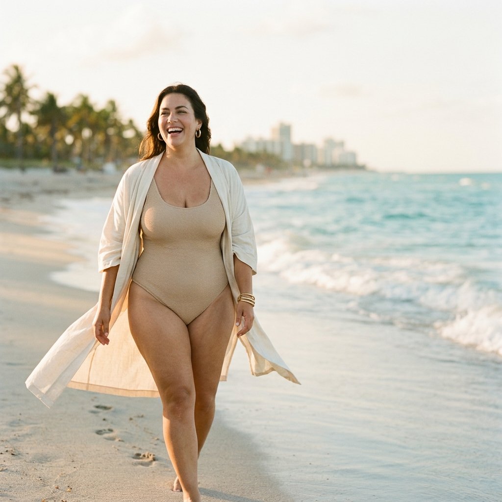 A confident woman laughing as she walks along a sunlit Miami beach at golden hour in elegant resort swimwear and a linen cover-up