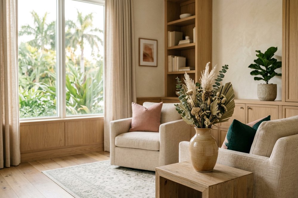 A calm, sunlit Miami recovery space with soft natural textures