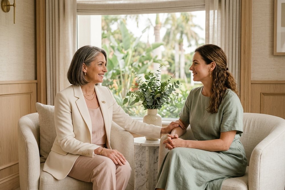 A supportive conversation between surgeon and patient in a private room