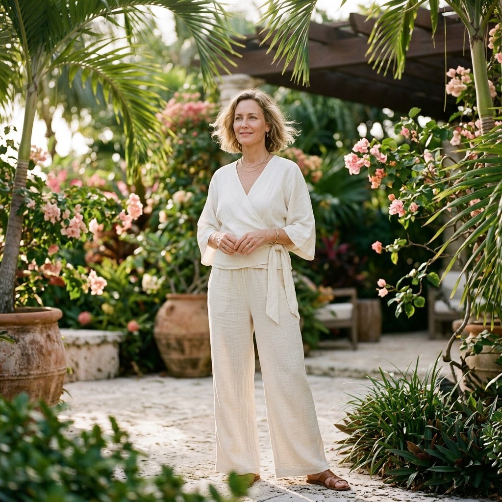 A serene woman in soft resort fabrics relaxing on a lush, sunlit Miami garden terrace