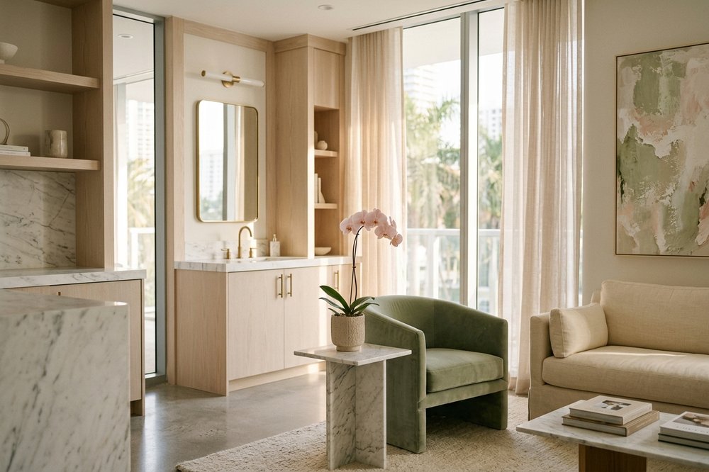 A calm, sunlit Miami recovery space with soft natural textures