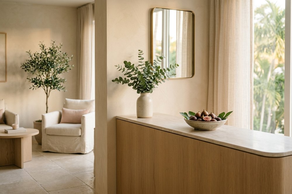 Serene, spa-like Miami clinic interior with soft neutral tones and plants