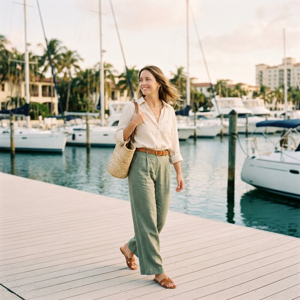 A relaxed woman in linen resort wear strolling a sunlit Miami marina boardwalk, sailboats and palms behind her