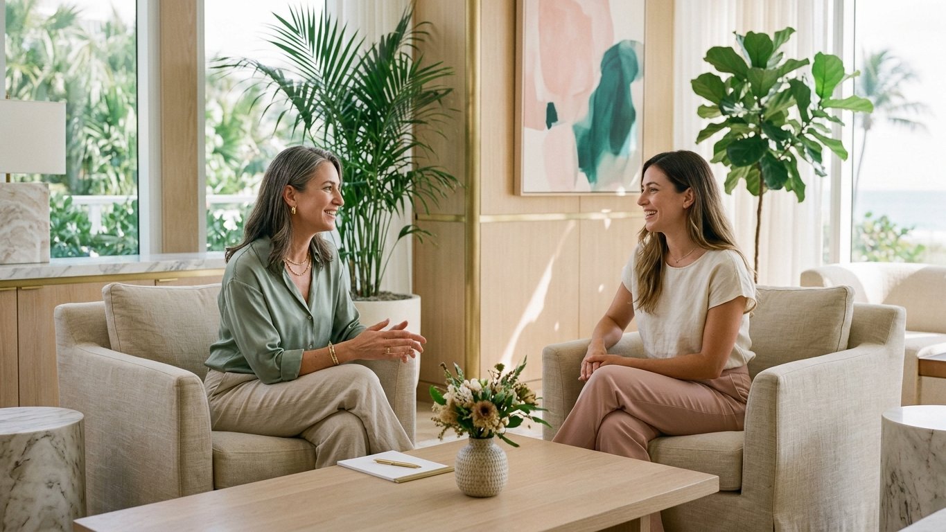 A warm, reassuring first consultation between a Miami patient and a board-certified surgeon