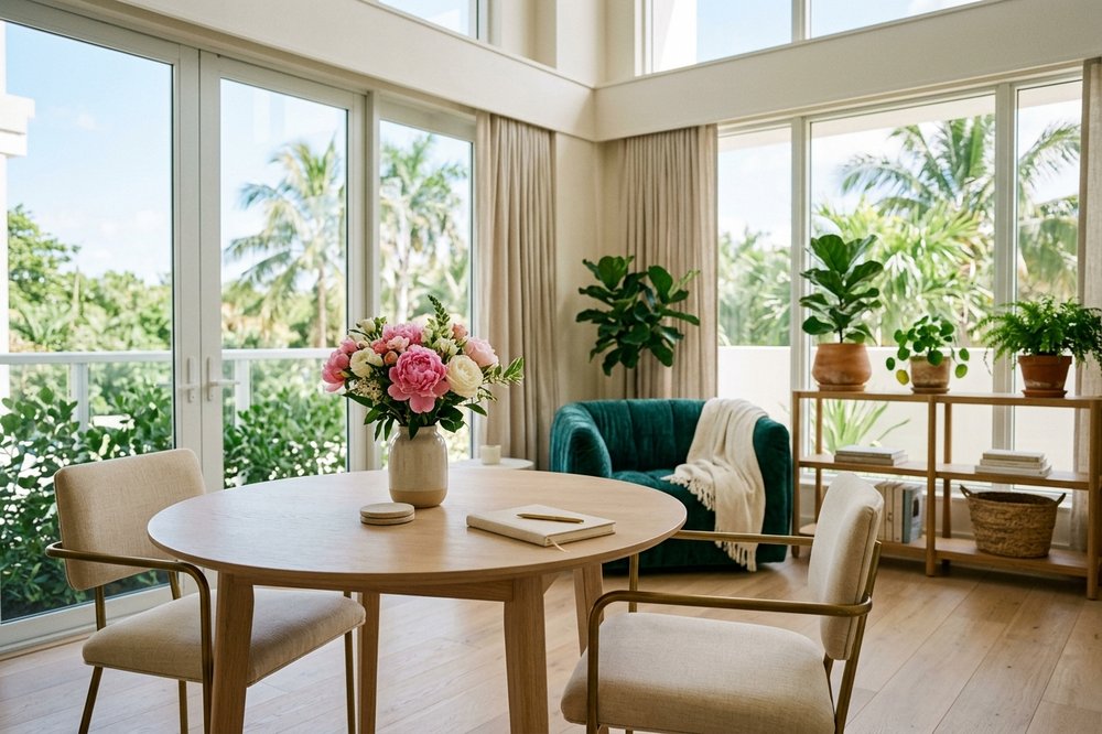 A bright, welcoming Miami consultation studio with soft textiles and plants
