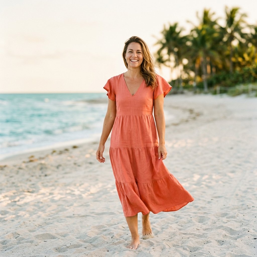 A radiant woman in a coral resort dress on a sunlit Miami beach, ocean and palms behind her